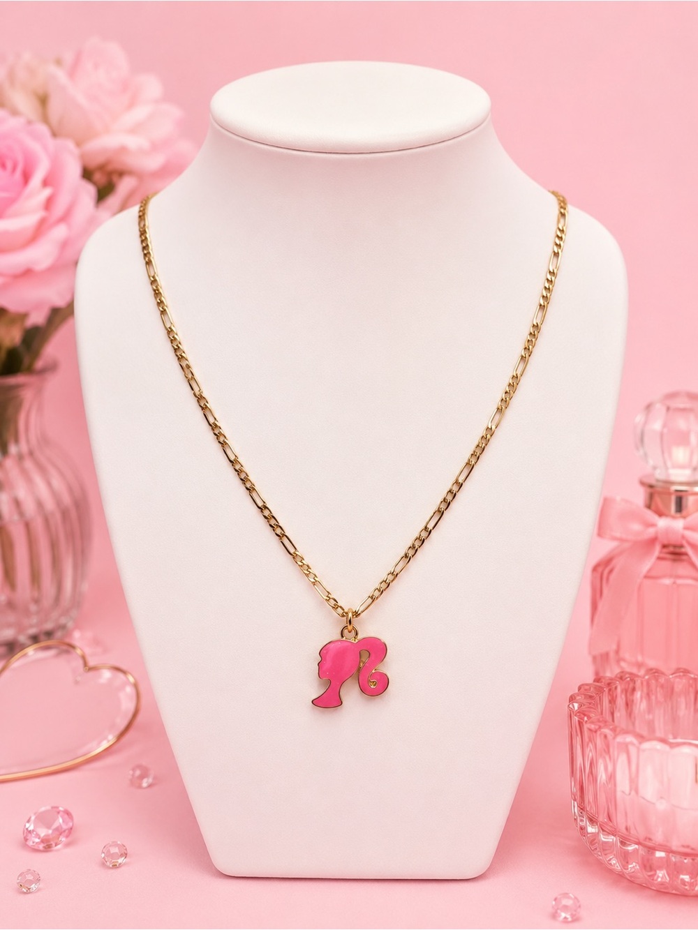 Pink Barbie Silhouette Pendant Gold Tone Figaro Chain Necklace 20”
